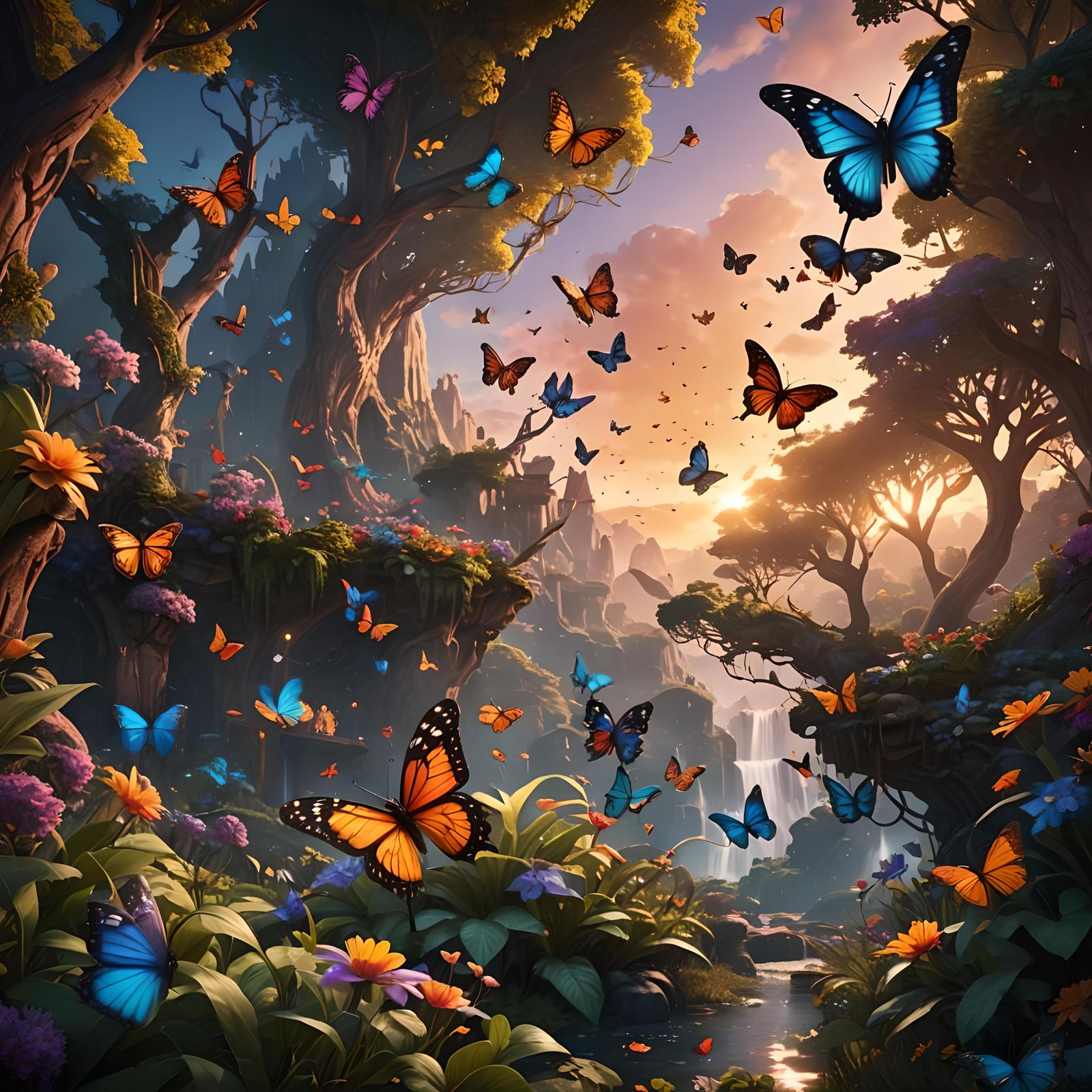Butterfly Wonderland at Sunrise: Detailed Matte Painting