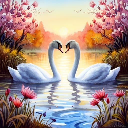 Majestic Swans in Watercolor Splash Art