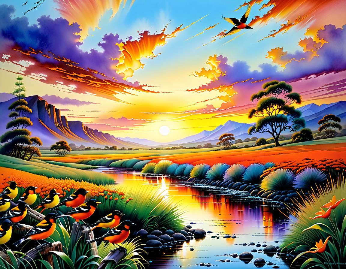 Oriole in Sunset Landscape as Watercolor Painting