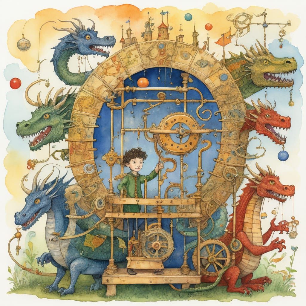 Prince's Whimsical Dragon Catching Machine in Vibrant Waterc...