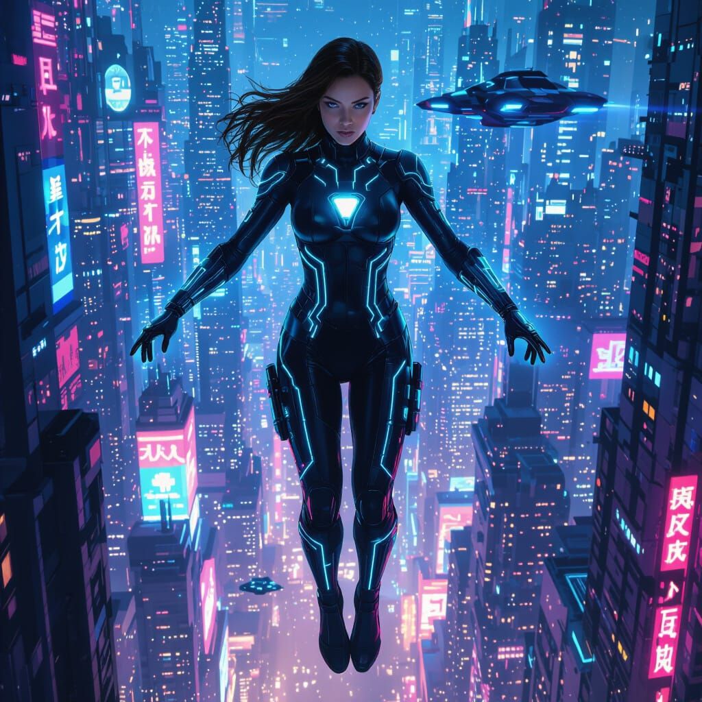 Futuristic Superhero Soars Over Neon Cityscape