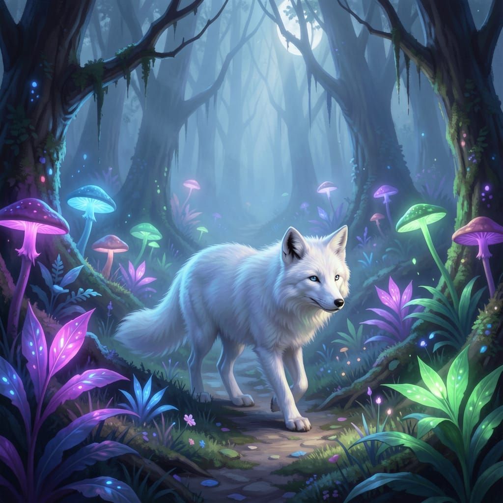 Moonlit Fox in Bioluminescent Forest