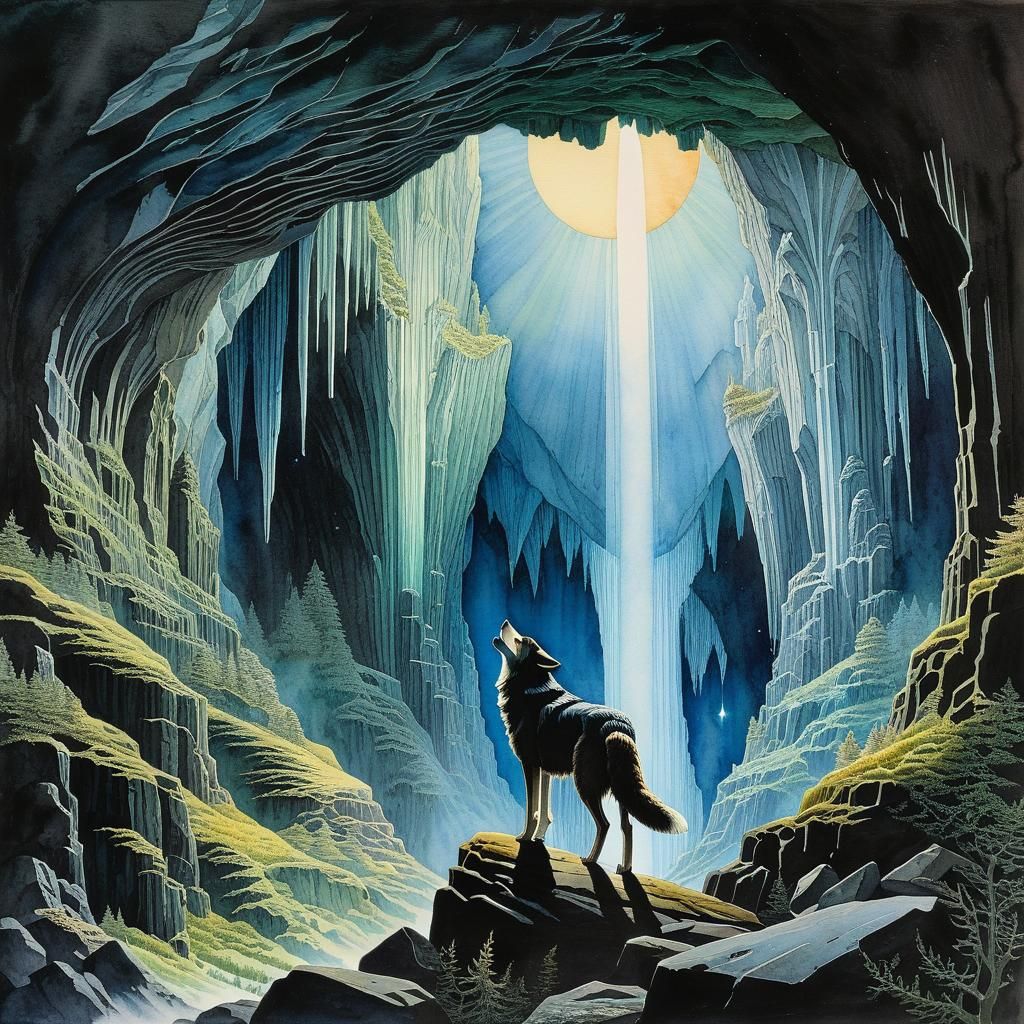 Ethereal Wolf in Cavern: Watercolor Painting