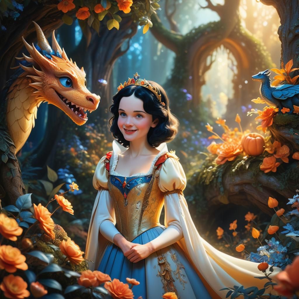 Snow White looks in love with the prince in a magic forest i...