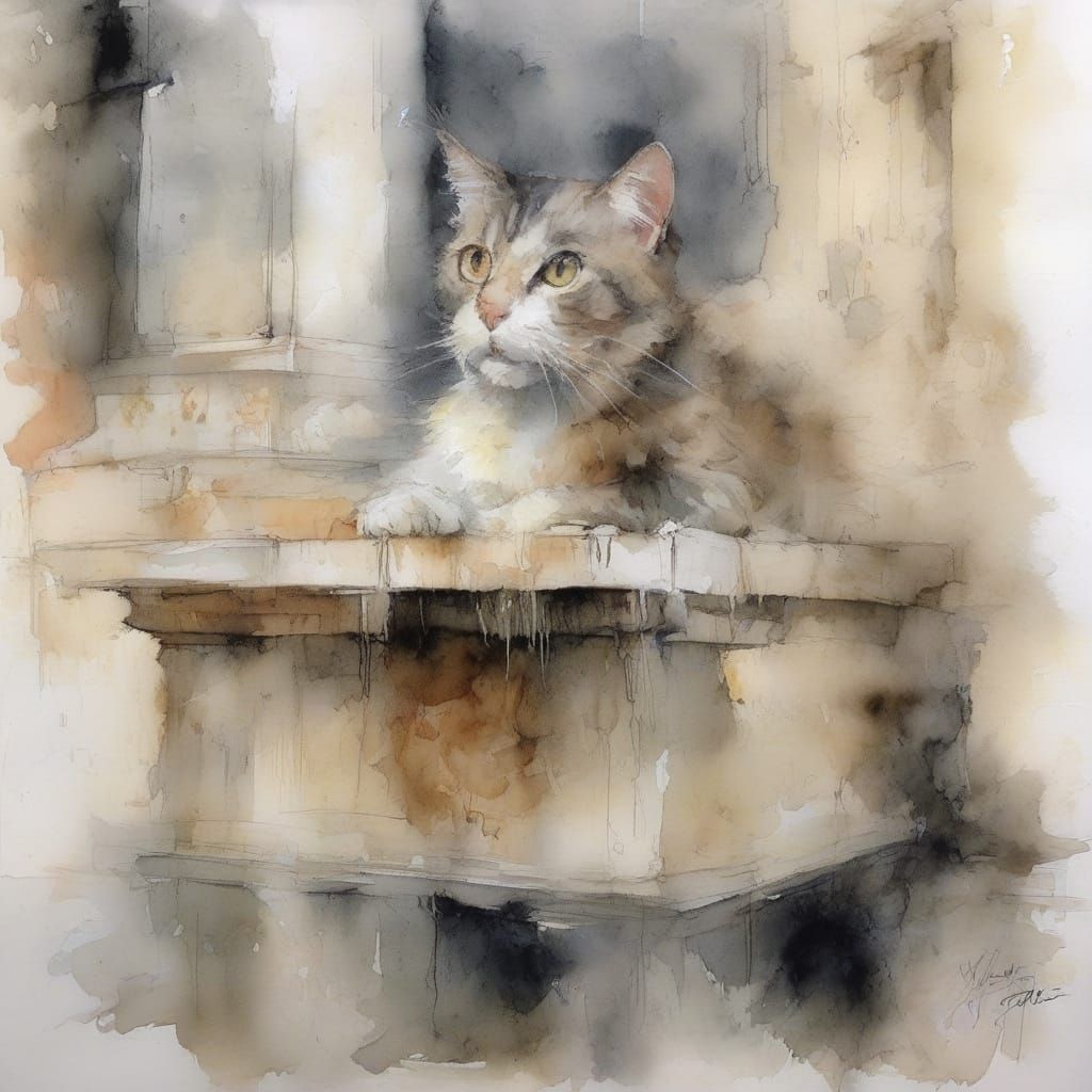 Whimsical Watercolour of Cat in Crypt, Inspired by Willem Ha...