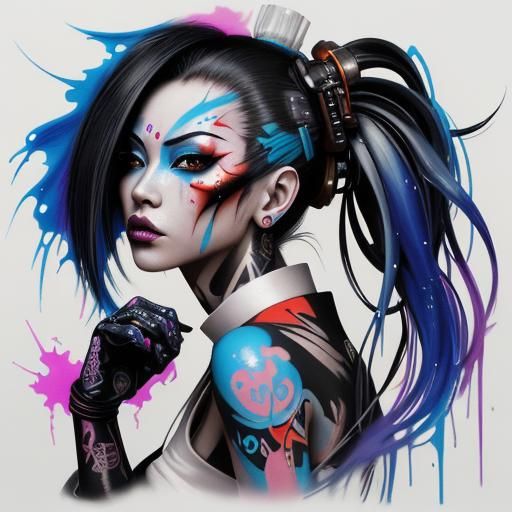 Cyberpunk Geisha with Tattoos in Graffiti Style