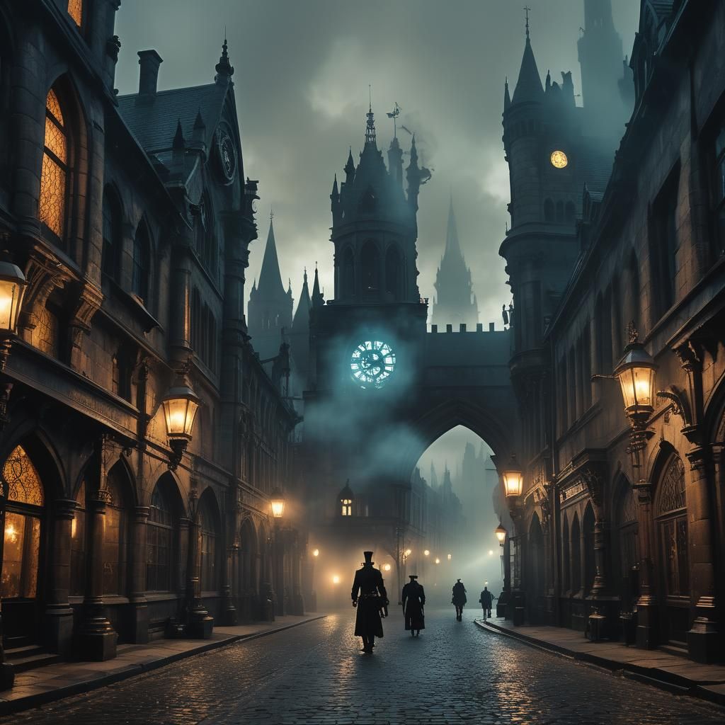 Mystical Steampunk Cityscape with Gothic Architecture