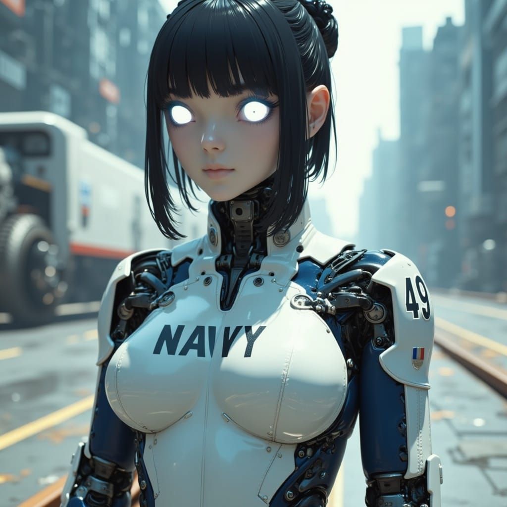 Neo-Cyberpunk Naval Gynoid Standing on Drydock
