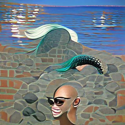 black bald mermaid wearing sunglasses