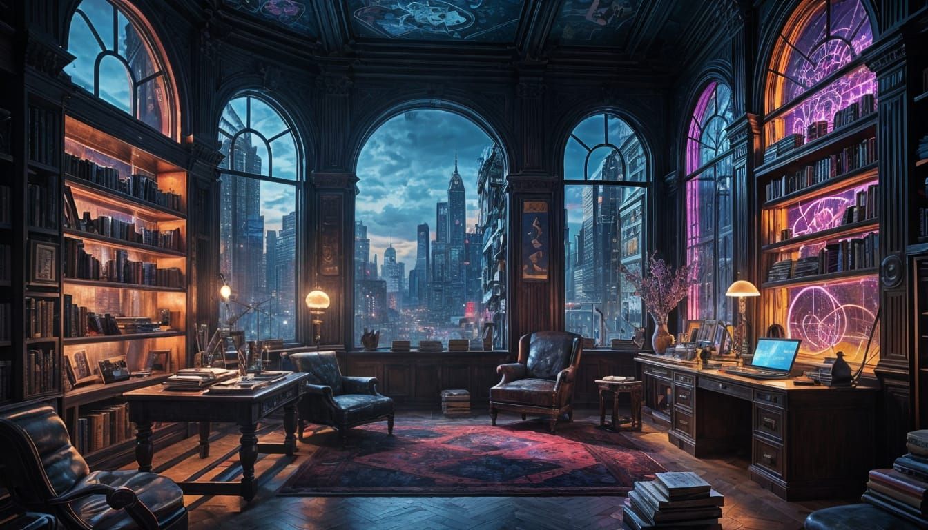 Cluttered Study With Neon Lights And Cityscape