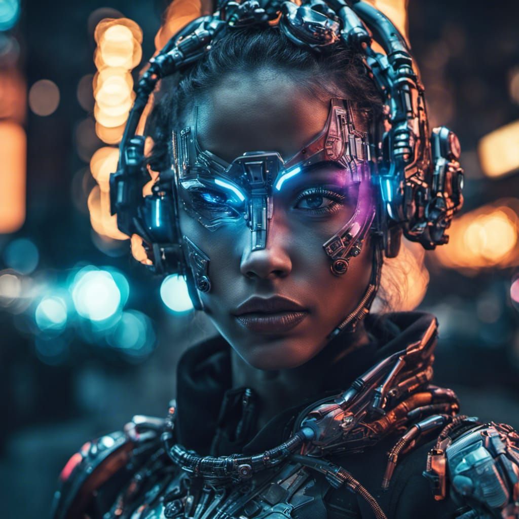 Cyborg Girl Portrait in Neon City at Night