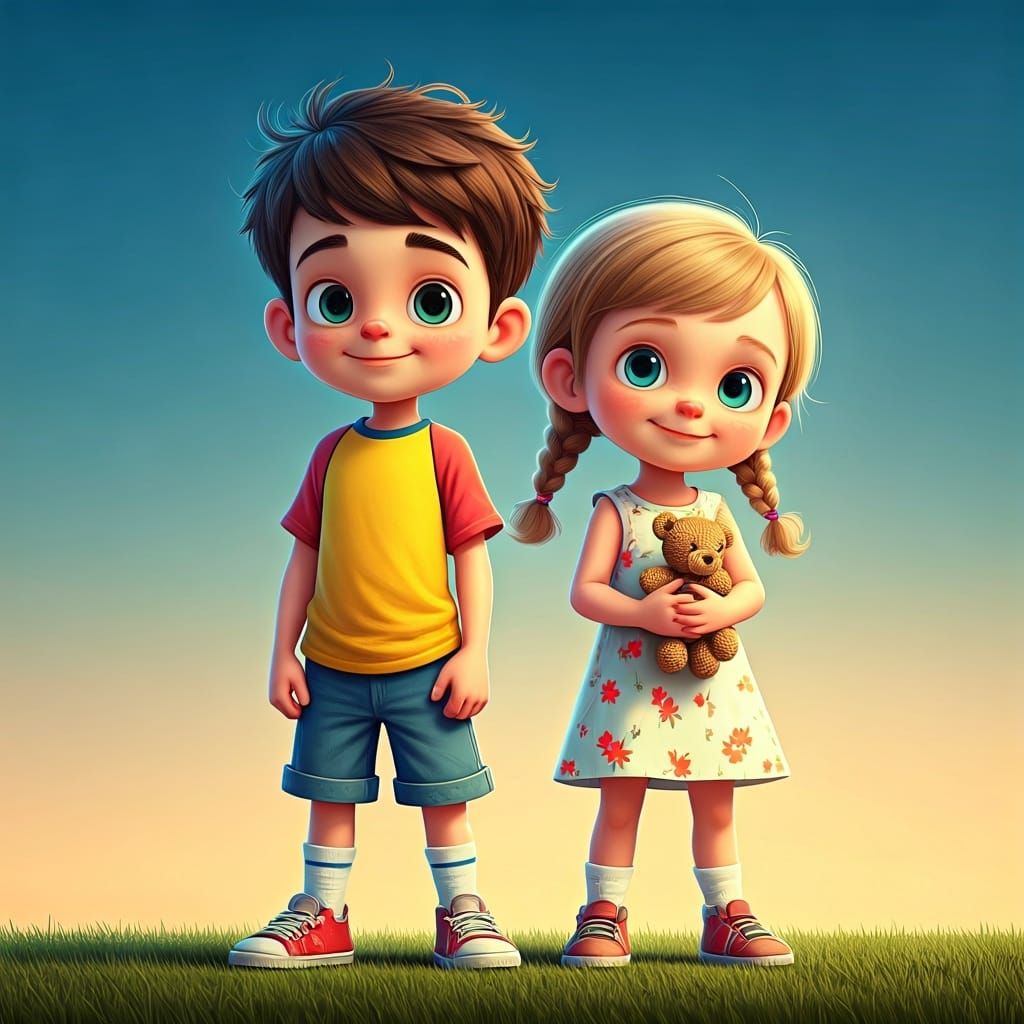 Children in Field: Pixar-Inspired 3D Digital Art