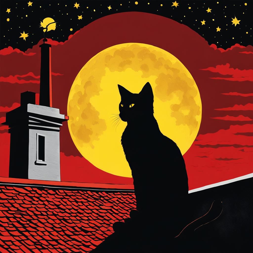 Stylized Cat Silhouette Under Yellow Moon