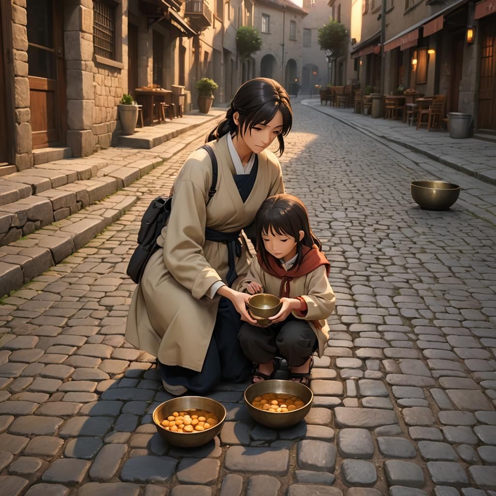 Mother and Daughter Begging: Realistic Anime Illustration
