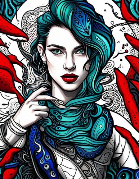 COLORING PAGE_ BLACK GREEN COBRA  ABSTRACT  BLUE EYES_ _CYBER PUNK (MIDNIGHT) BLUE AND BLOOD RED, splash arts, aesthetic...