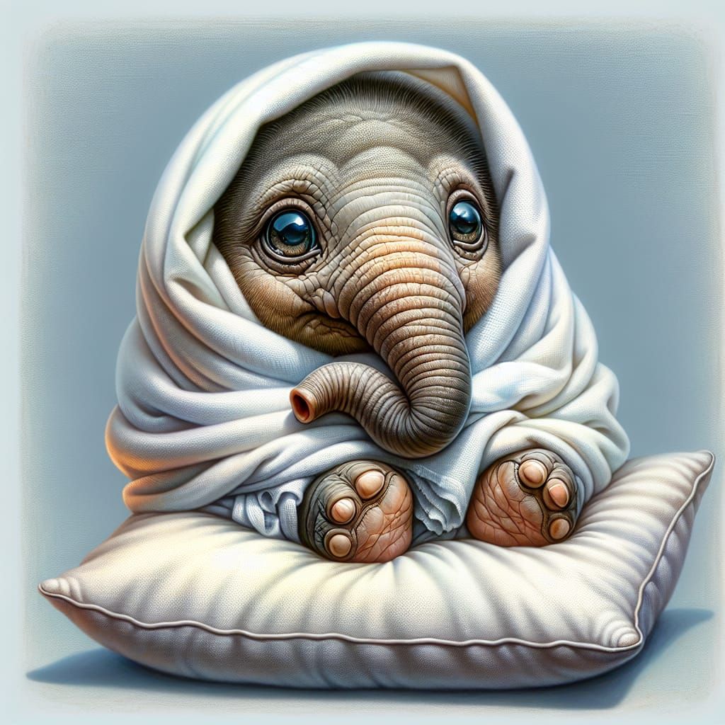 Adorable Baby Elephant Swaddled in Blanket, Rich Oil Paintin...
