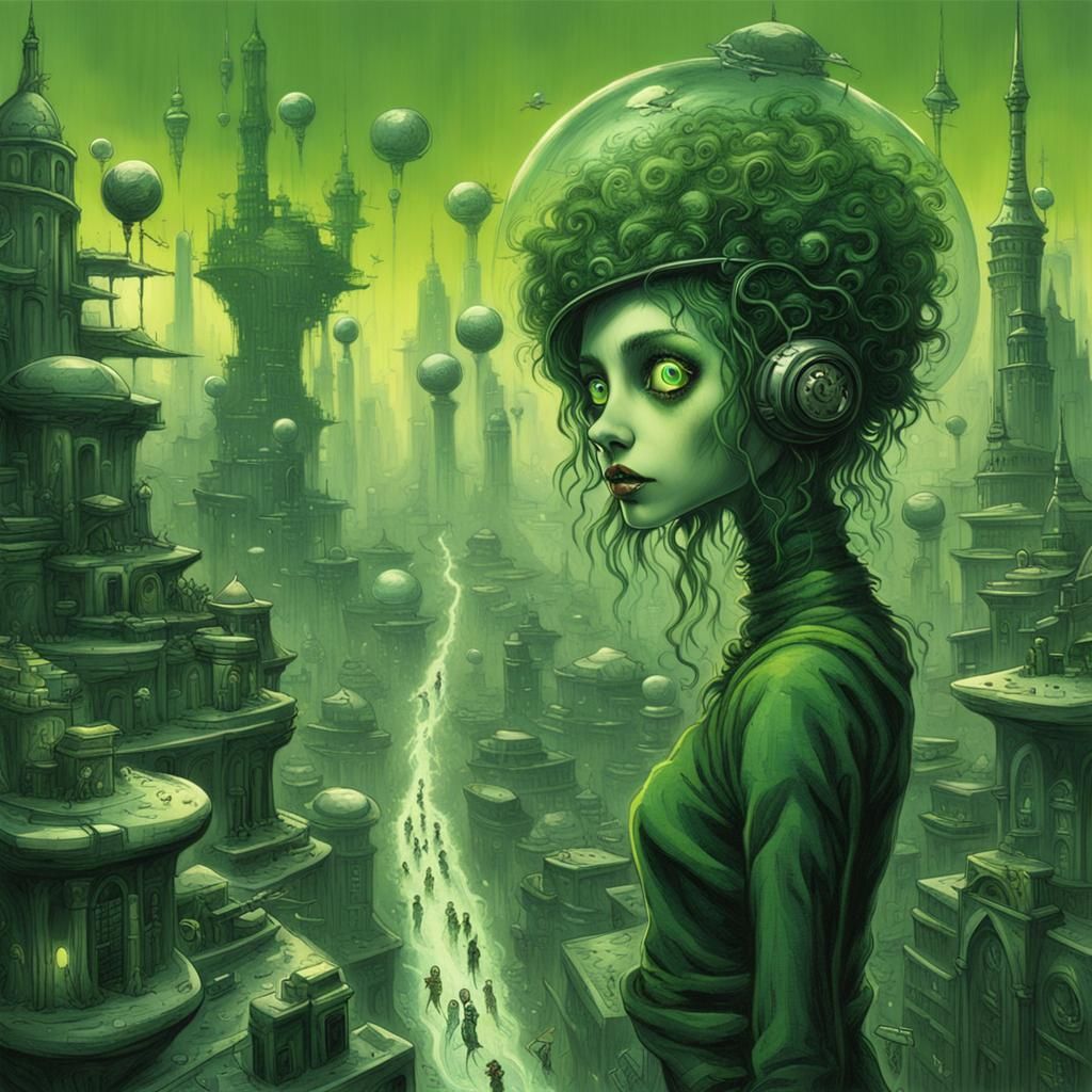 Green Girl in Futuristic City, Burton-Doré Style