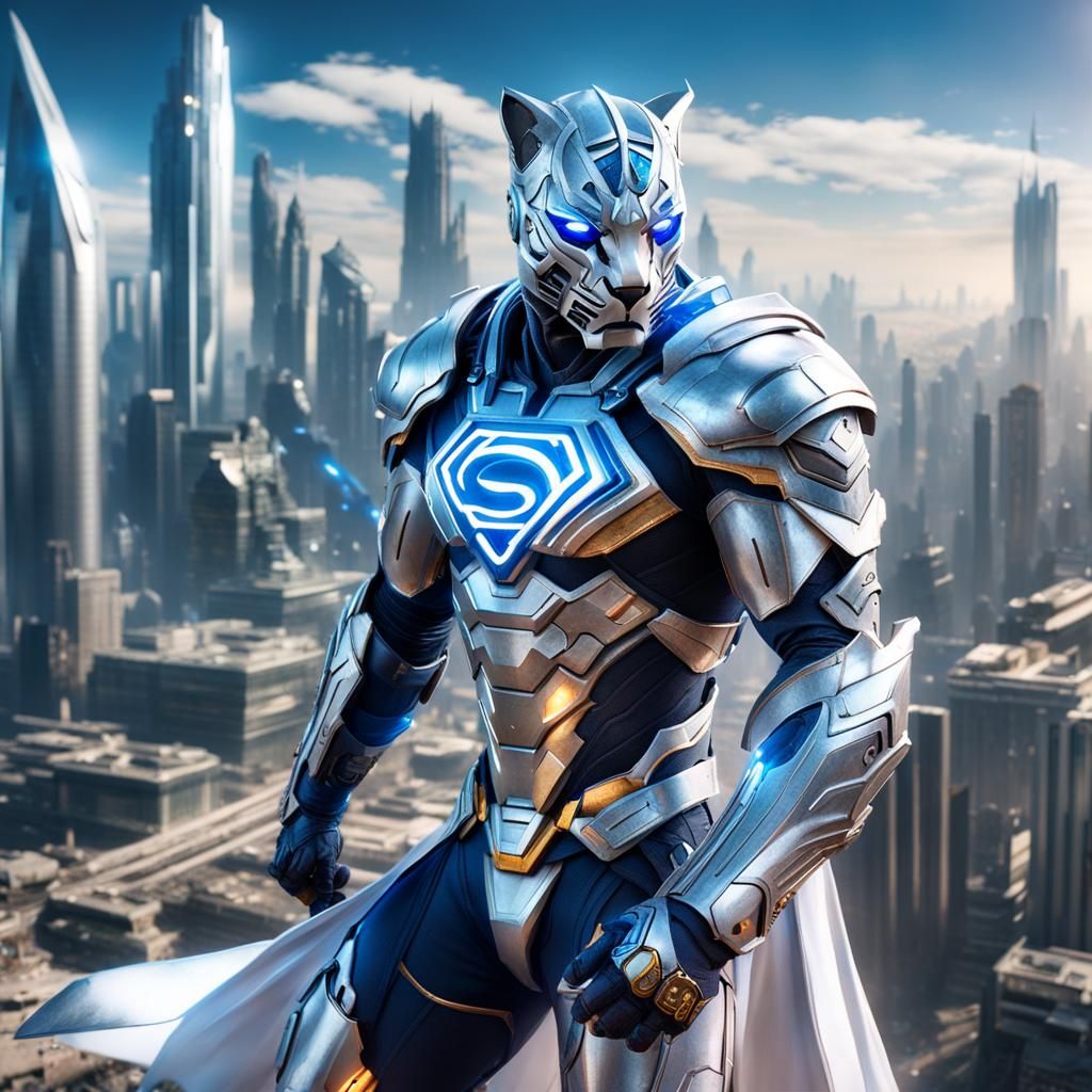 Android Warrior King Soaring Over Future City