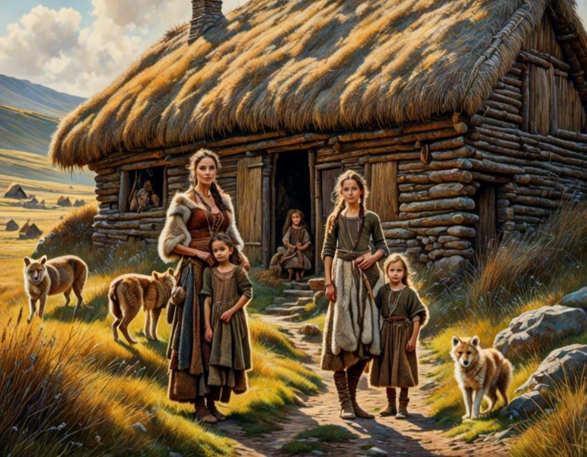 Prehistoric Woman and Children in Front of Dwelling