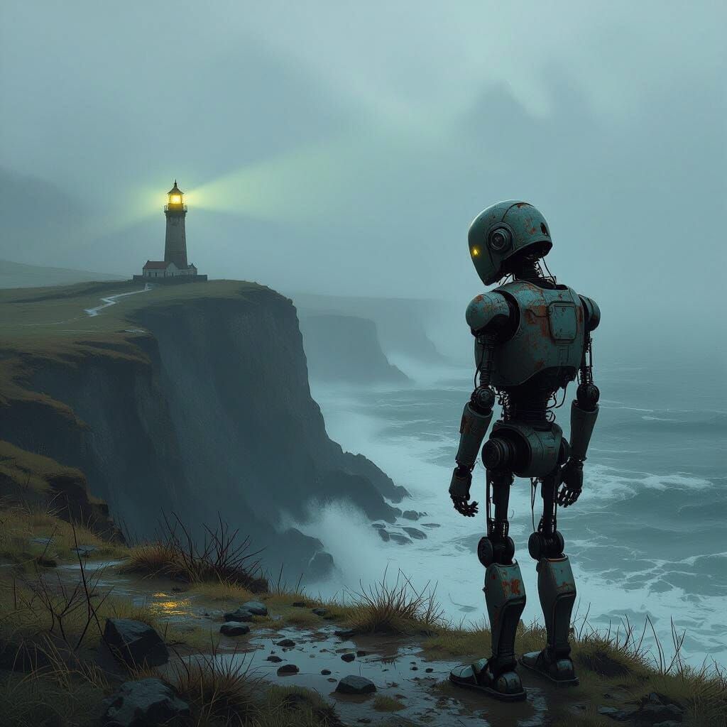 Melancholic Robot on Cliff Overlooking Stormy Sea