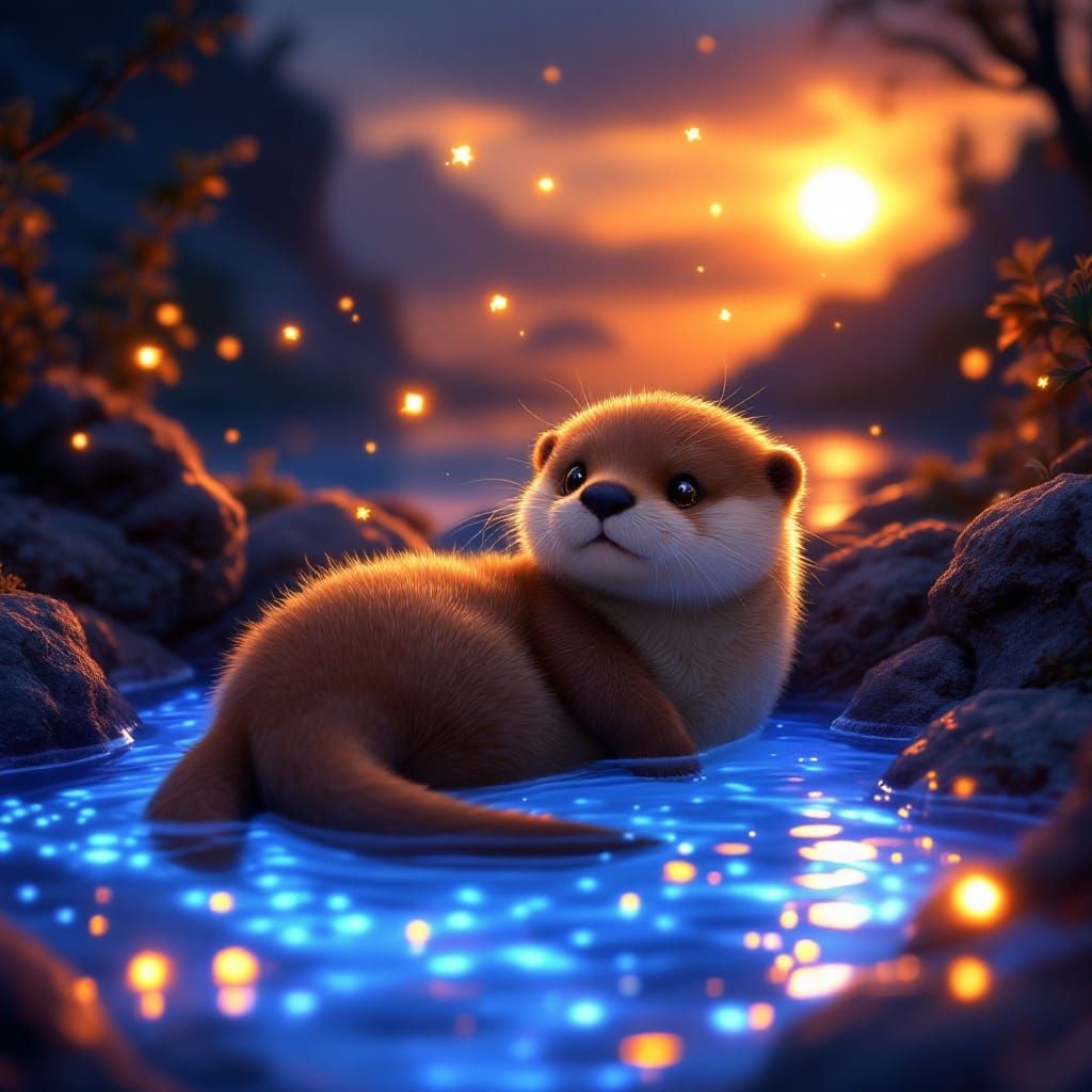 Cute Otter in Bioluminescent Pool: 3D Rendered Art