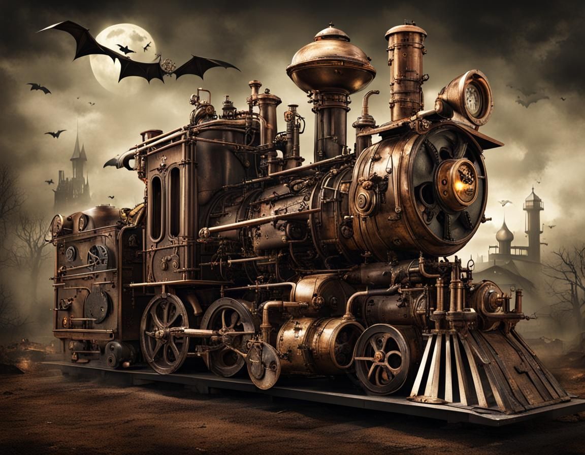 Steampunk Engine in a Creepy Wonderland with Bats
