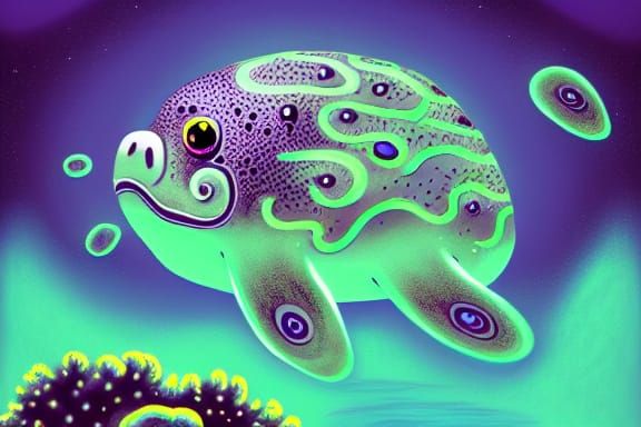Bioluminescent Blobfish in Psychedelic Alien Seascape