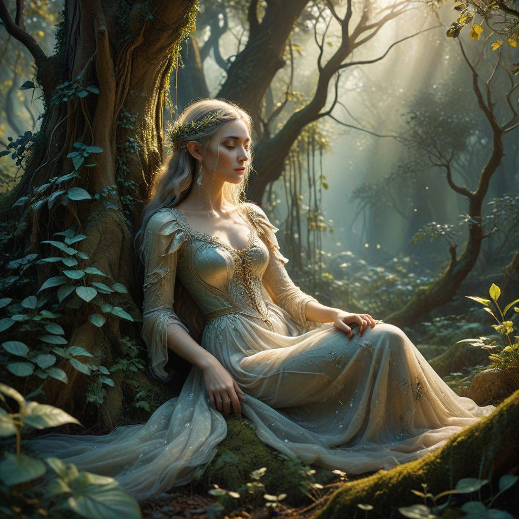 Dreamy Elven Girl in Whimsical Forest Landscape