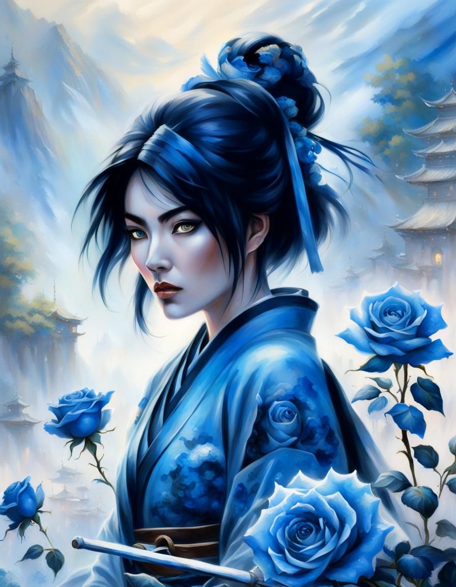Ethereal Samurai with Blue Roses, Hyperdetailed Fantasy Art