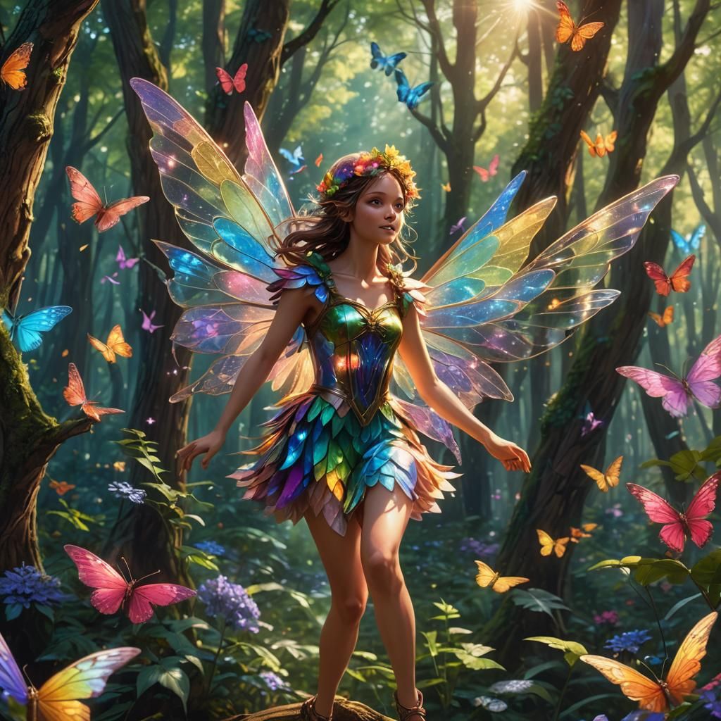 Fairy with Iridescent Wings in Whimsical Forest