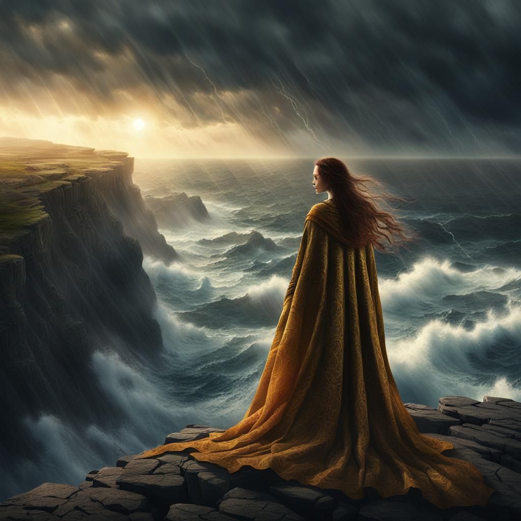 Woman on Cliff Overlooking Stormy Sea