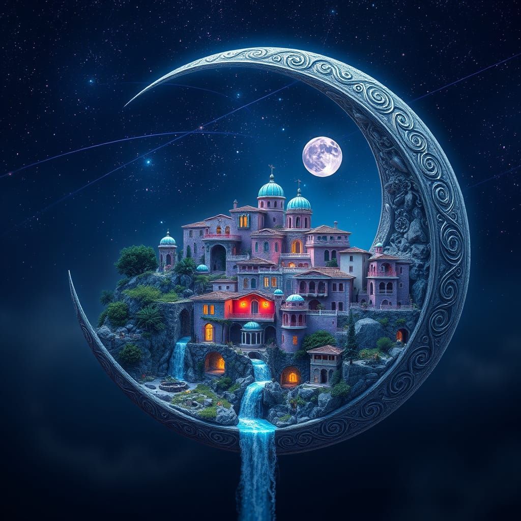 Fantasy Villa Village in Crescent Moon, Digital Art