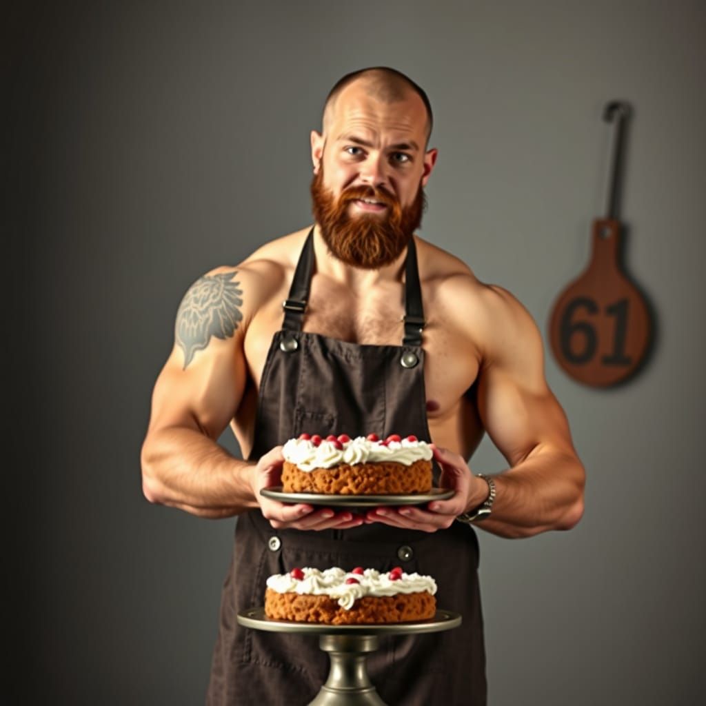 Naked Bearded Strongman Baking Cake in Apron