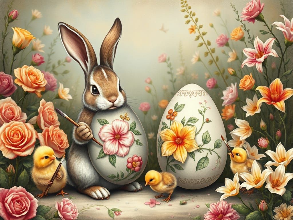 Bunnies and Chicks Painting Easter Eggs in Charcoal Style