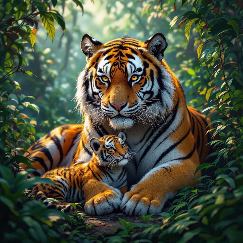 Tiger Mother Protects Cubs in Fantastical Jungle