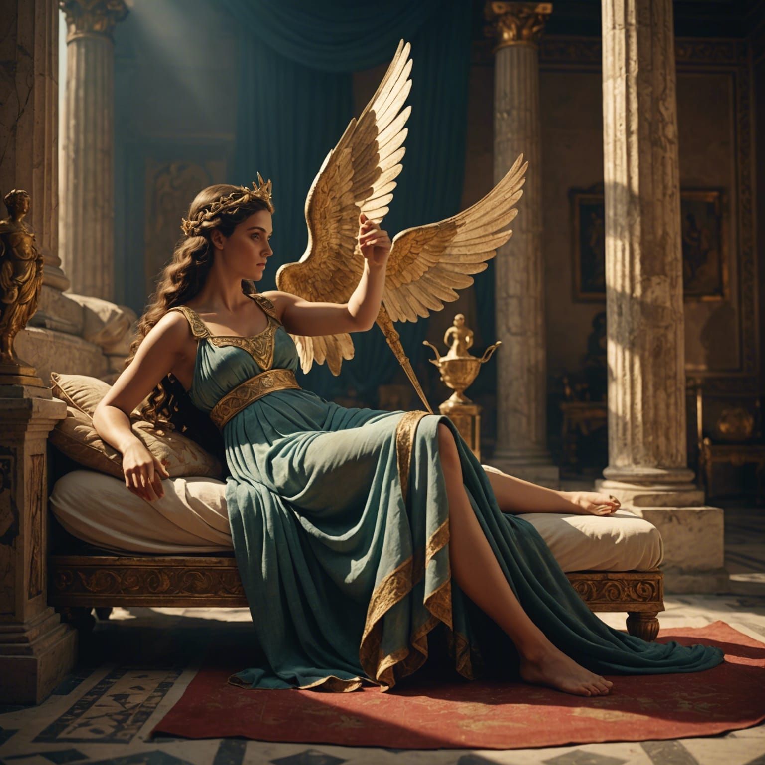 Greek Venus Chastises Cupid in Ancient Setting