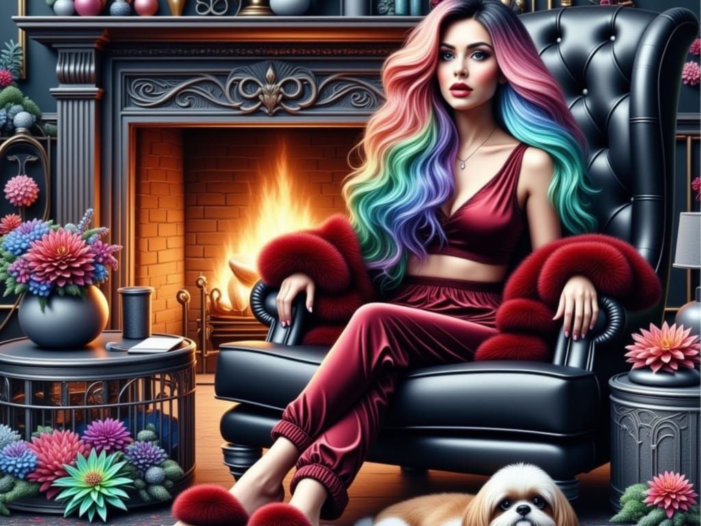 Elegant Woman by the Fireplace