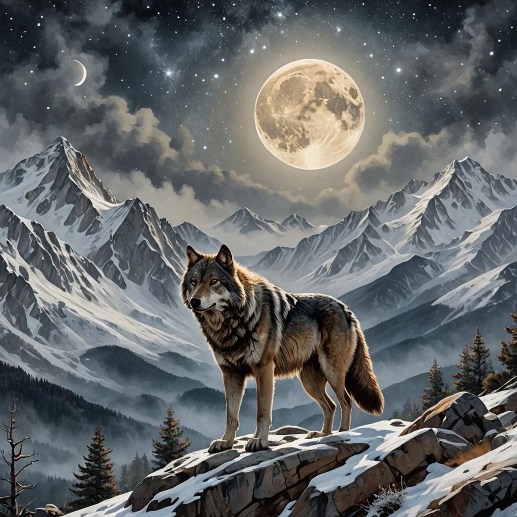 Realistic Wolf Howling at Moonlit Winter Landscape