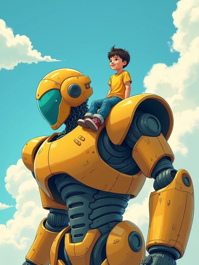 Boy and Robot Titan Friends in Vibrant 2D Style