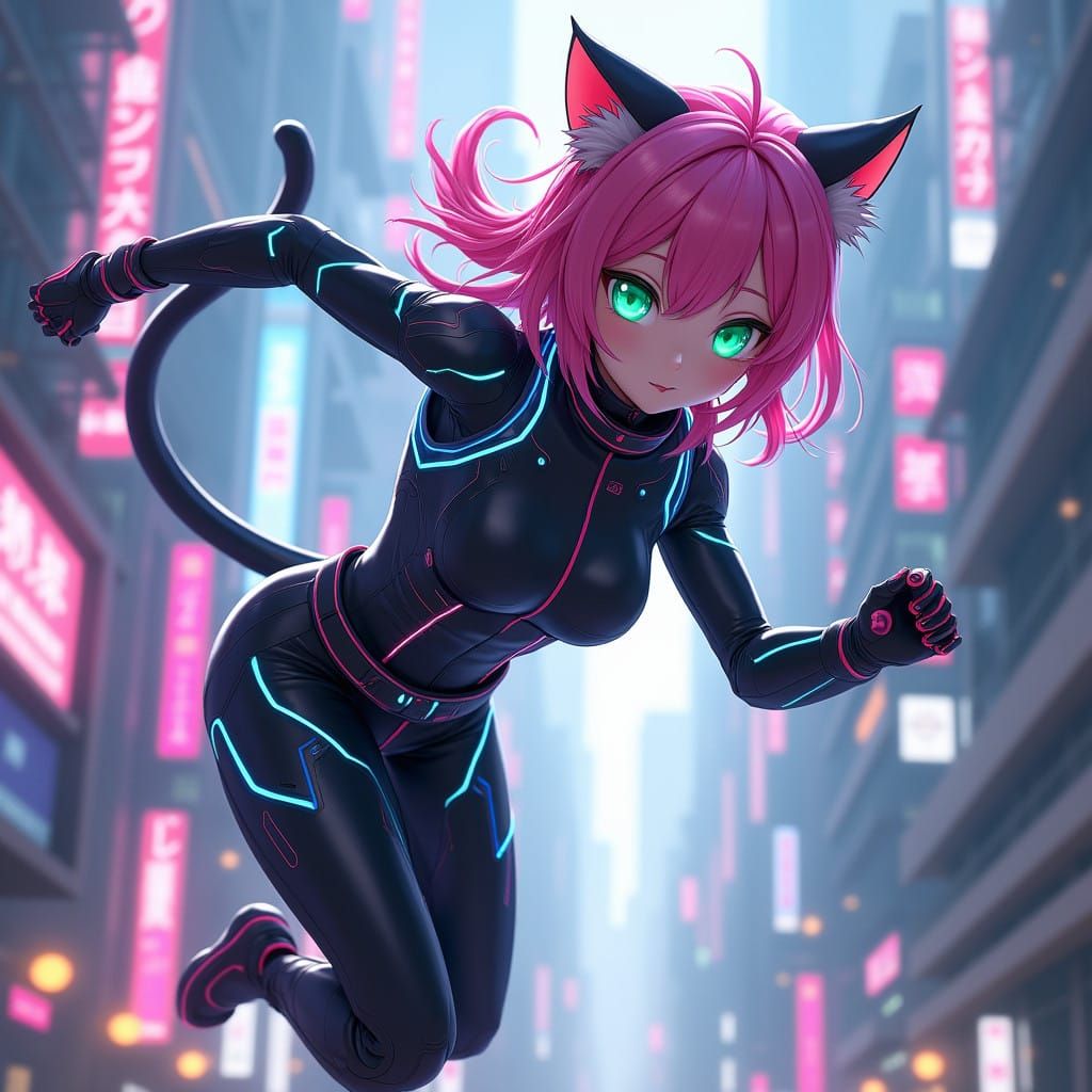 Cyber Ninja Cat Girl Dominates Futuristic Cityscape in High-...