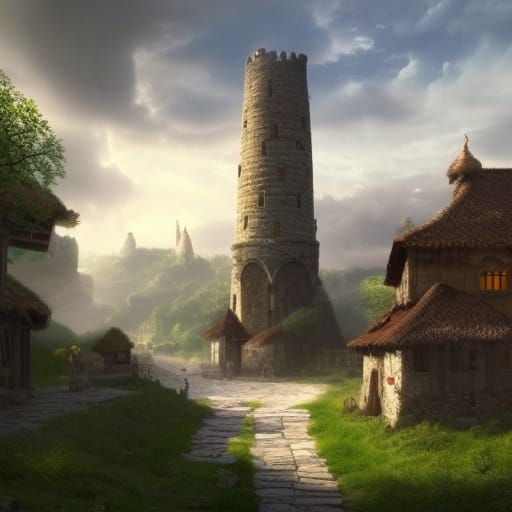 Fantasy Village With Wizard Tower, Digital Matte Painting