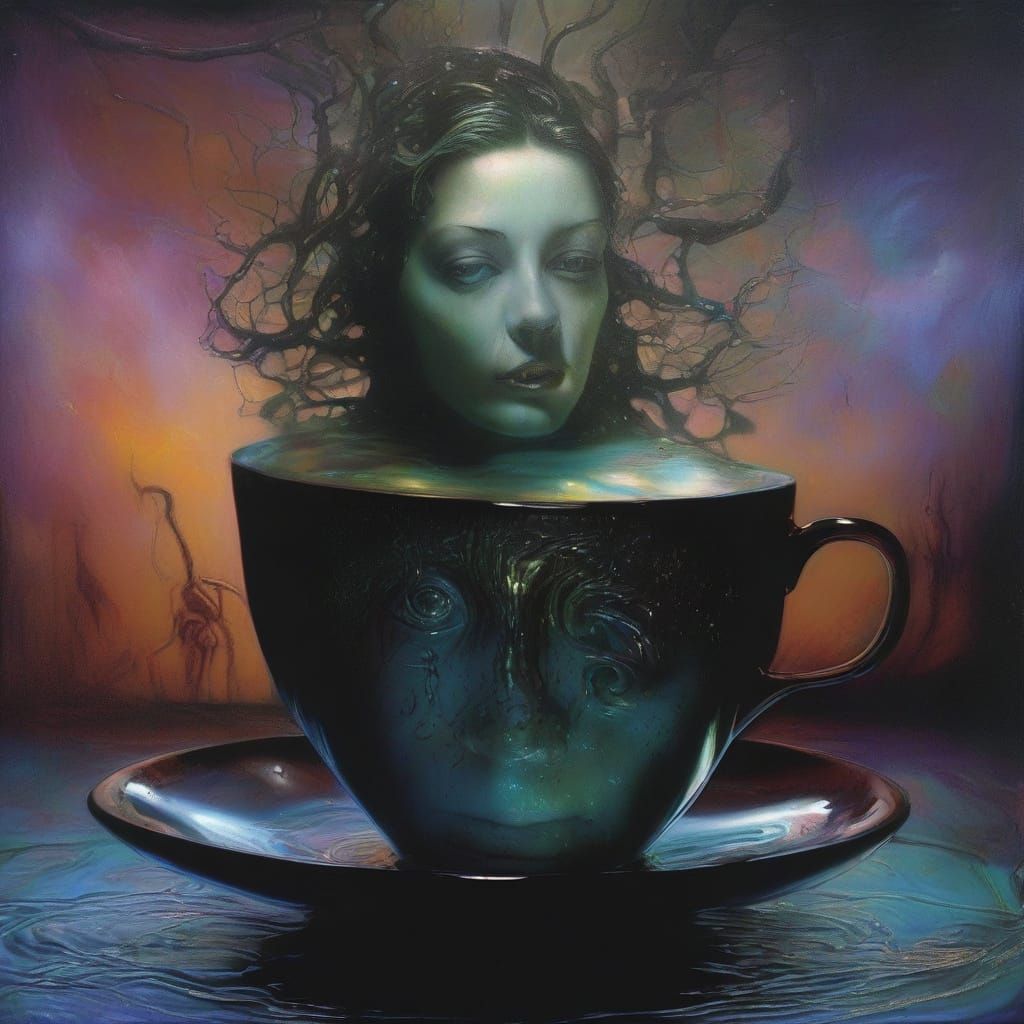 Dreamlike Surrealism: Maid Trapped in Iridescent Teacup