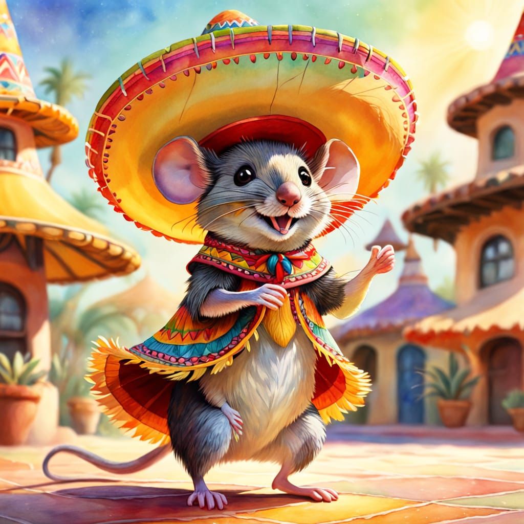 Cheerful Mouse in Sombrero: Watercolor Whimsy