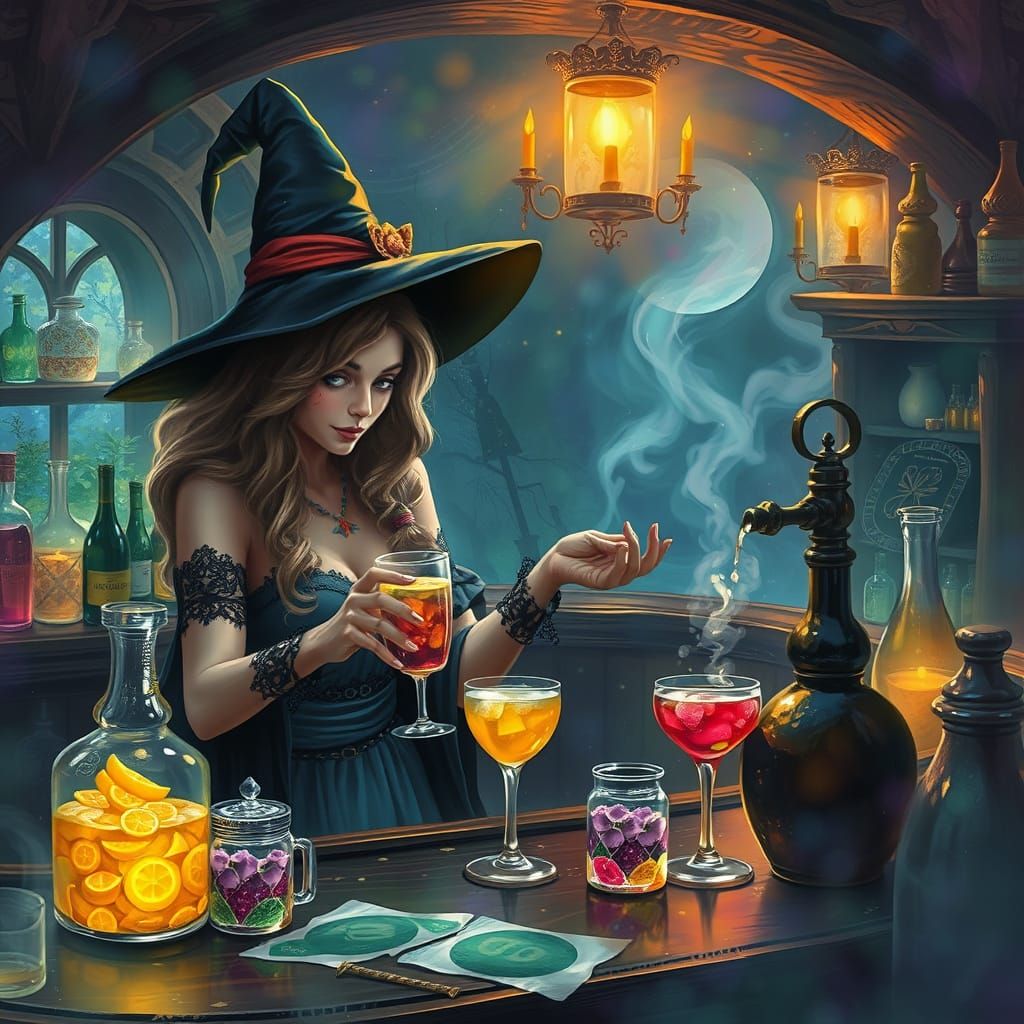 Ethereal Witch Bartender Crafting Colorful Potions in Cozy B...