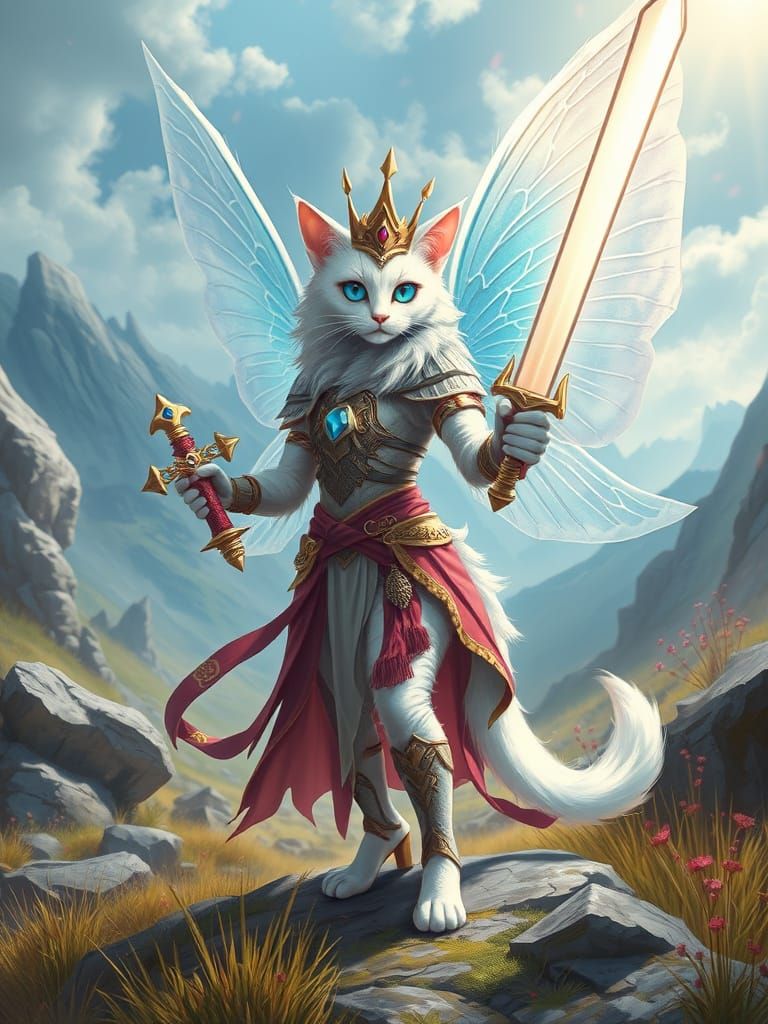 Majestic White Cat Fairy Warrior in Vibrant Fantasy Realm