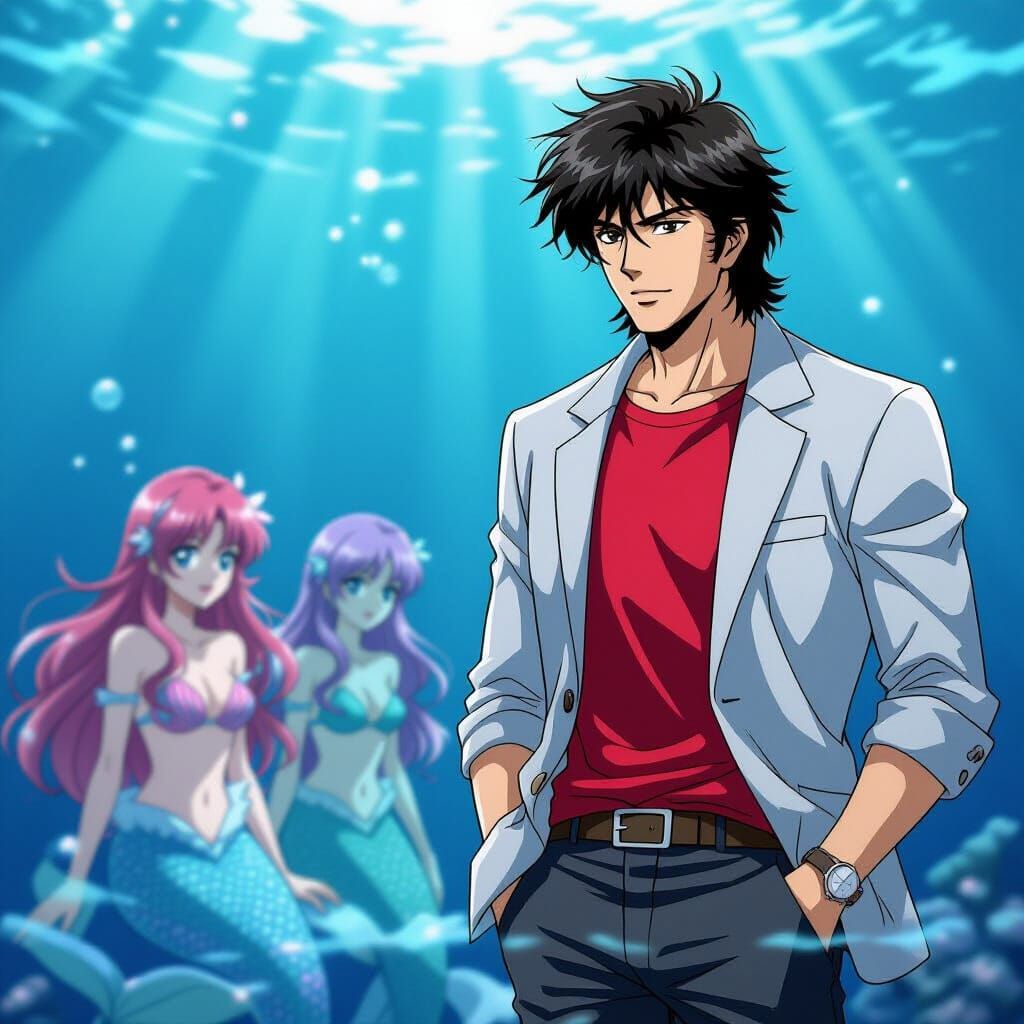 Ryo Saeba Encounters Mermaids in Underwater Anime Scene