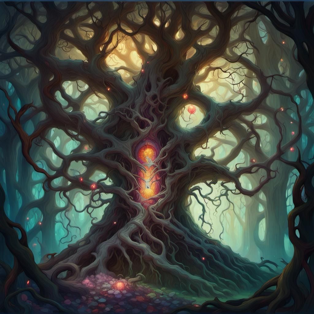 Ancient Tree Radiates Energy in Dark Fantasy Art