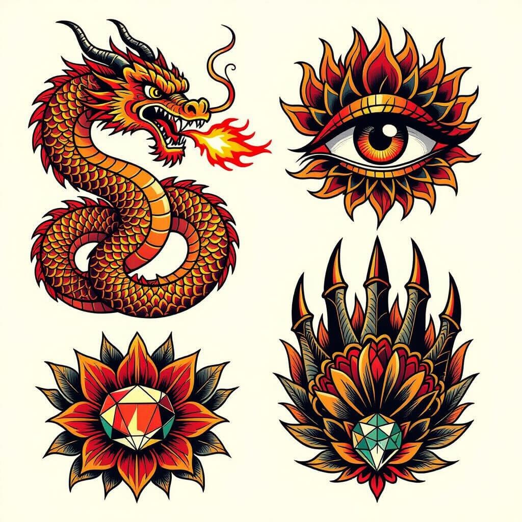 Dragon Tattoo Flash Sheet in Traditional Style
