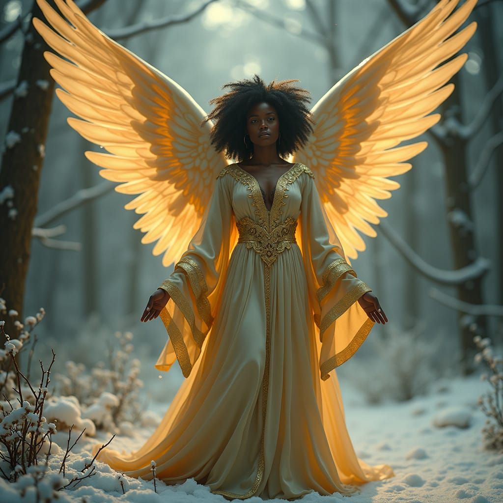 Christmas Angel in Golden Robes Against Dramatic Misty Backg...