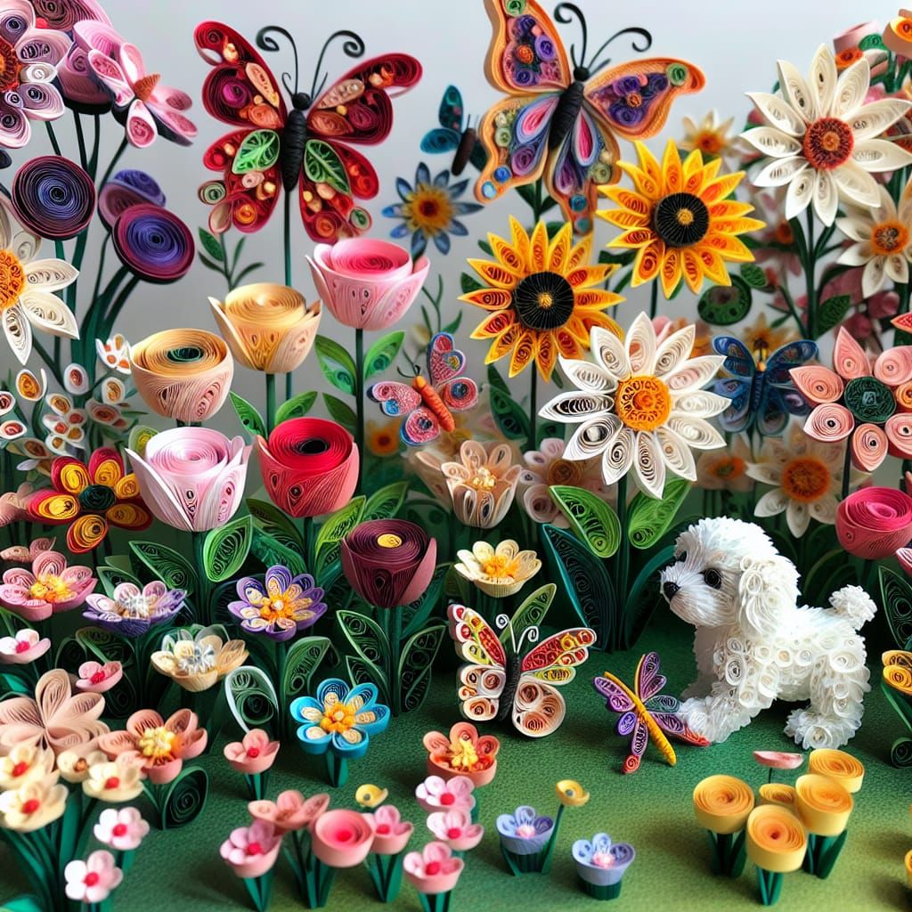Quilled paper beautiful garden with delicate flowers and gorgeous butterflies, a little quilled paper puppy chasing the ...